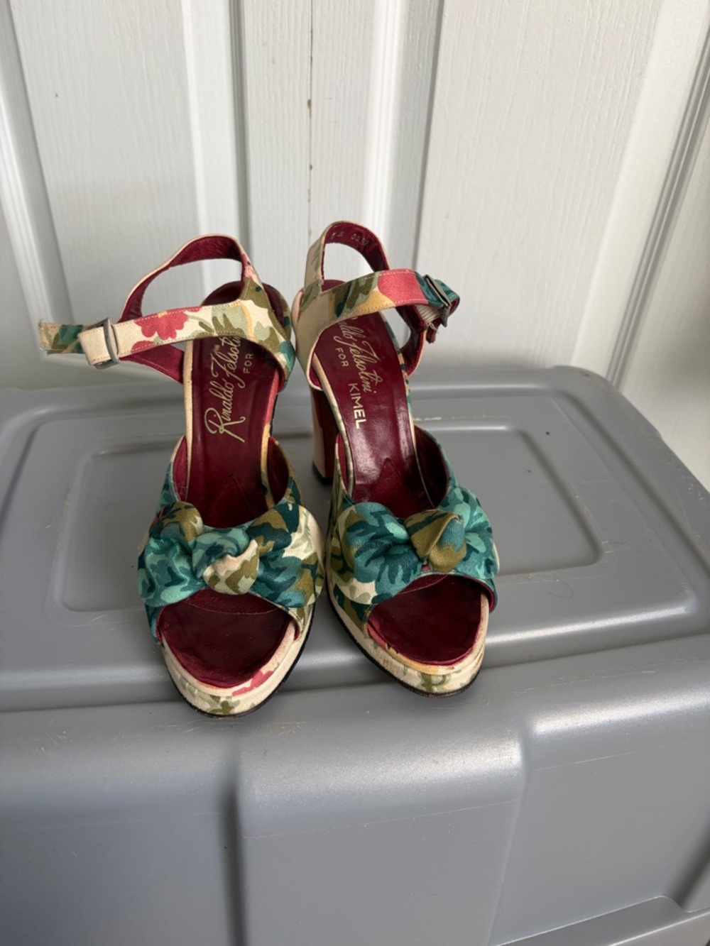 VINTAGE Rinaldo Felsotini Teal, Burgundy & Cream Floral Knot Block Heels - Picture 8 of 8